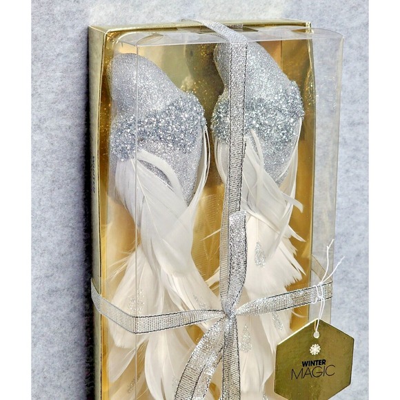 White Silver Glitter Feather Birds Christmas Tree Ornaments Clip‎ On Shabby 2 Pc - Picture 3 of 5